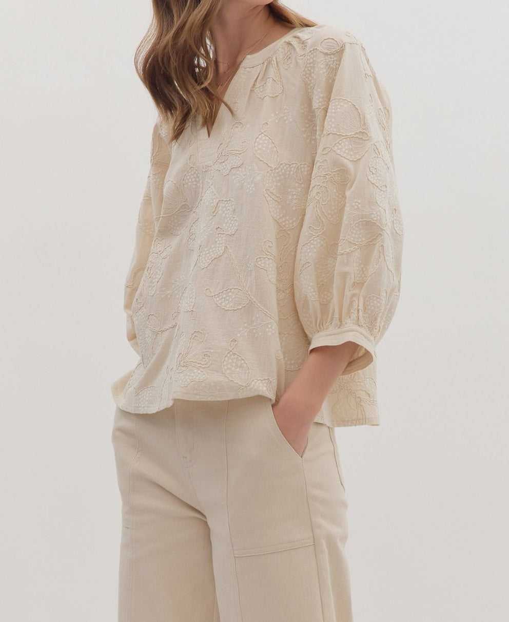 ECRU EMBROIDERED BOTANICAL PRINT 3/4 SLEEVE TOP