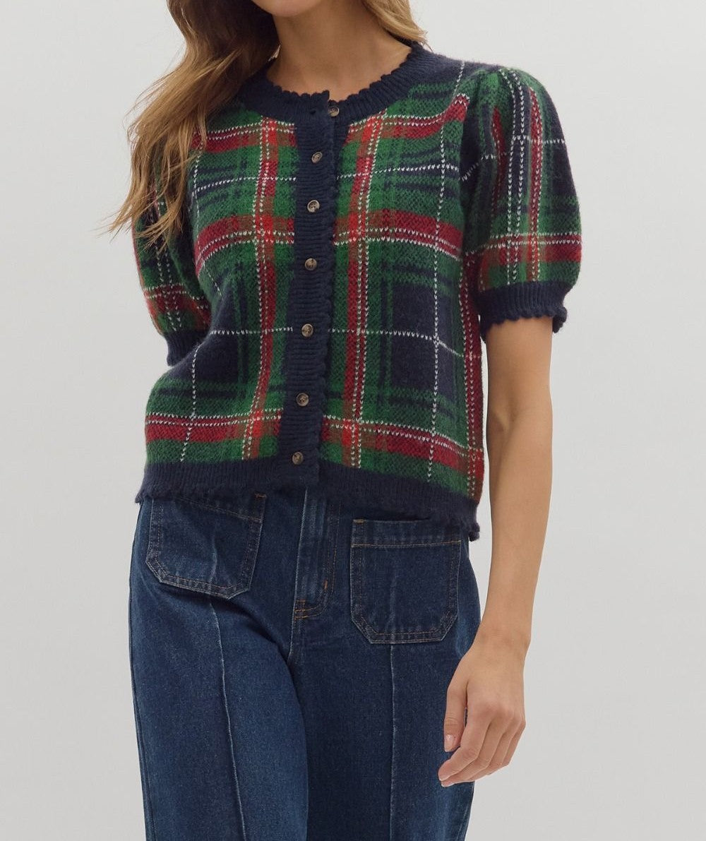 NAVY PLAID SHORT PUFF SLEEVE BUTTON UP SWEATER