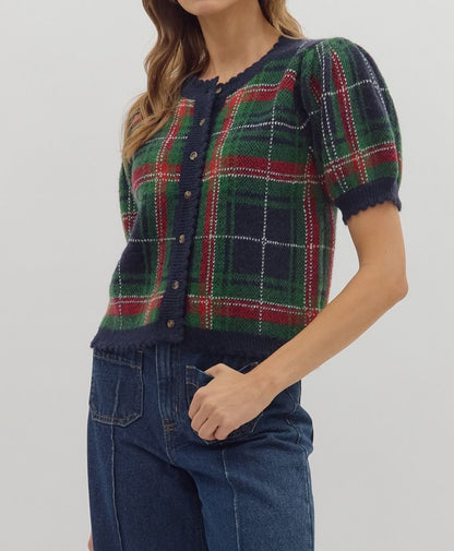 NAVY PLAID SHORT PUFF SLEEVE BUTTON UP SWEATER