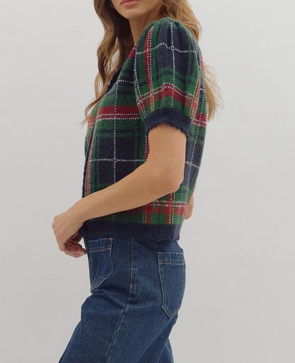 NAVY PLAID SHORT PUFF SLEEVE BUTTON UP SWEATER