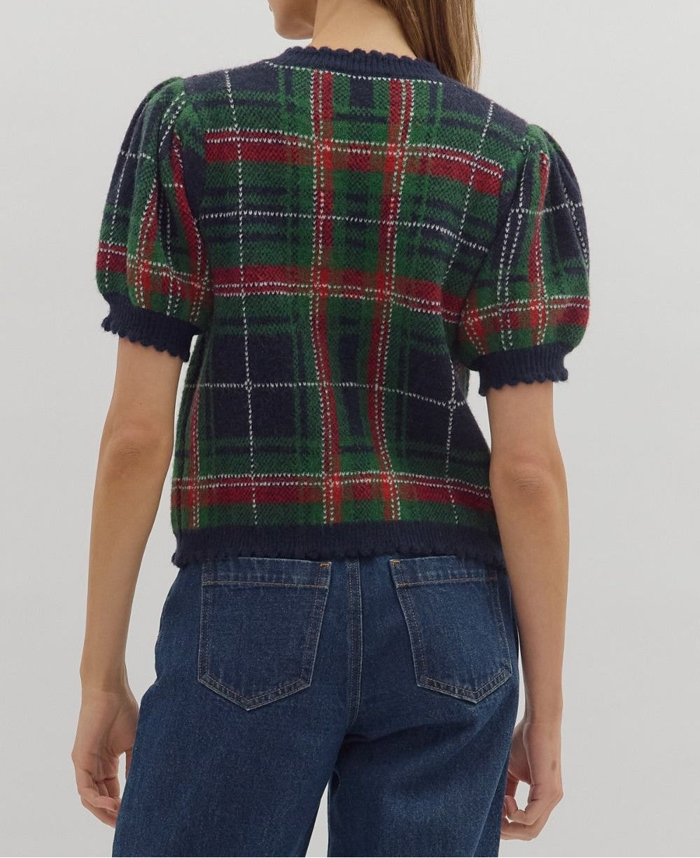 NAVY PLAID SHORT PUFF SLEEVE BUTTON UP SWEATER