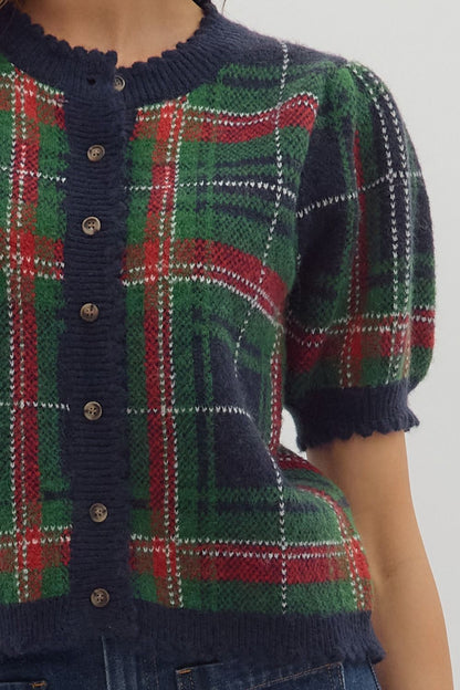 NAVY PLAID SHORT PUFF SLEEVE BUTTON UP SWEATER