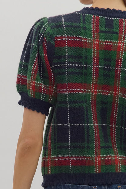 NAVY PLAID SHORT PUFF SLEEVE BUTTON UP SWEATER