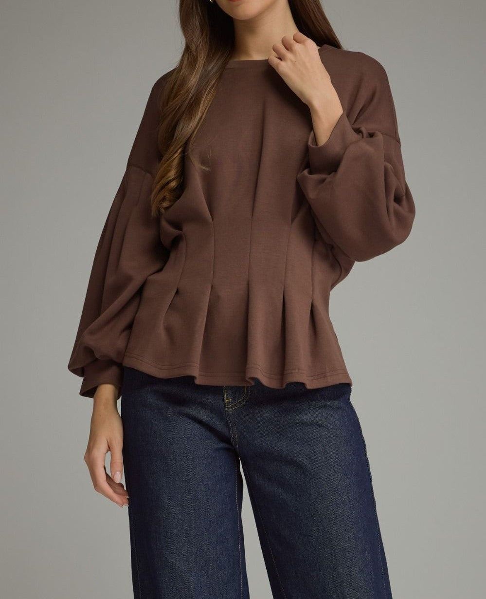 BROWN PLEATED WAIST DETAIL LONG BALLOON SLEEVE TOP