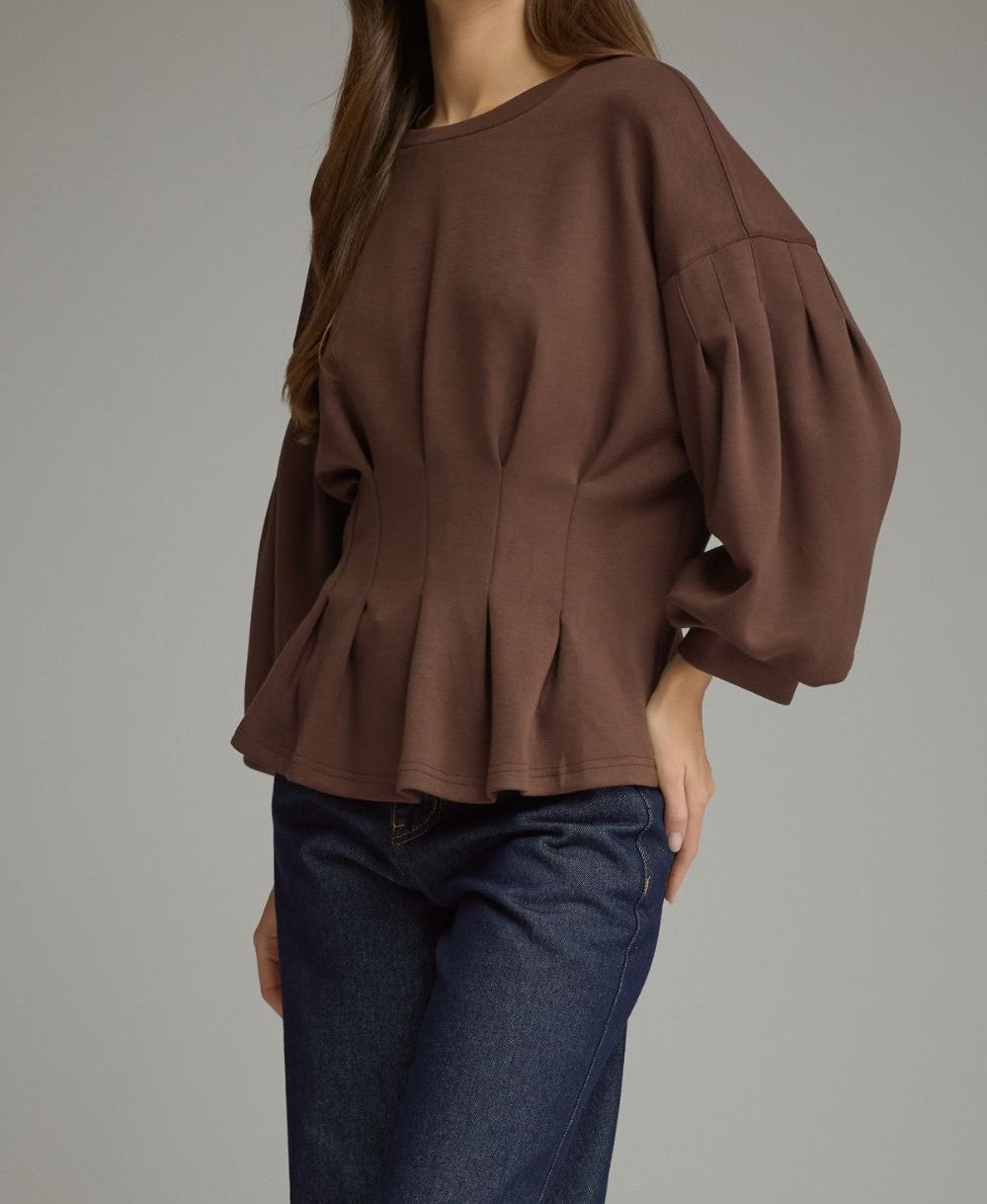 BROWN PLEATED WAIST DETAIL LONG BALLOON SLEEVE TOP