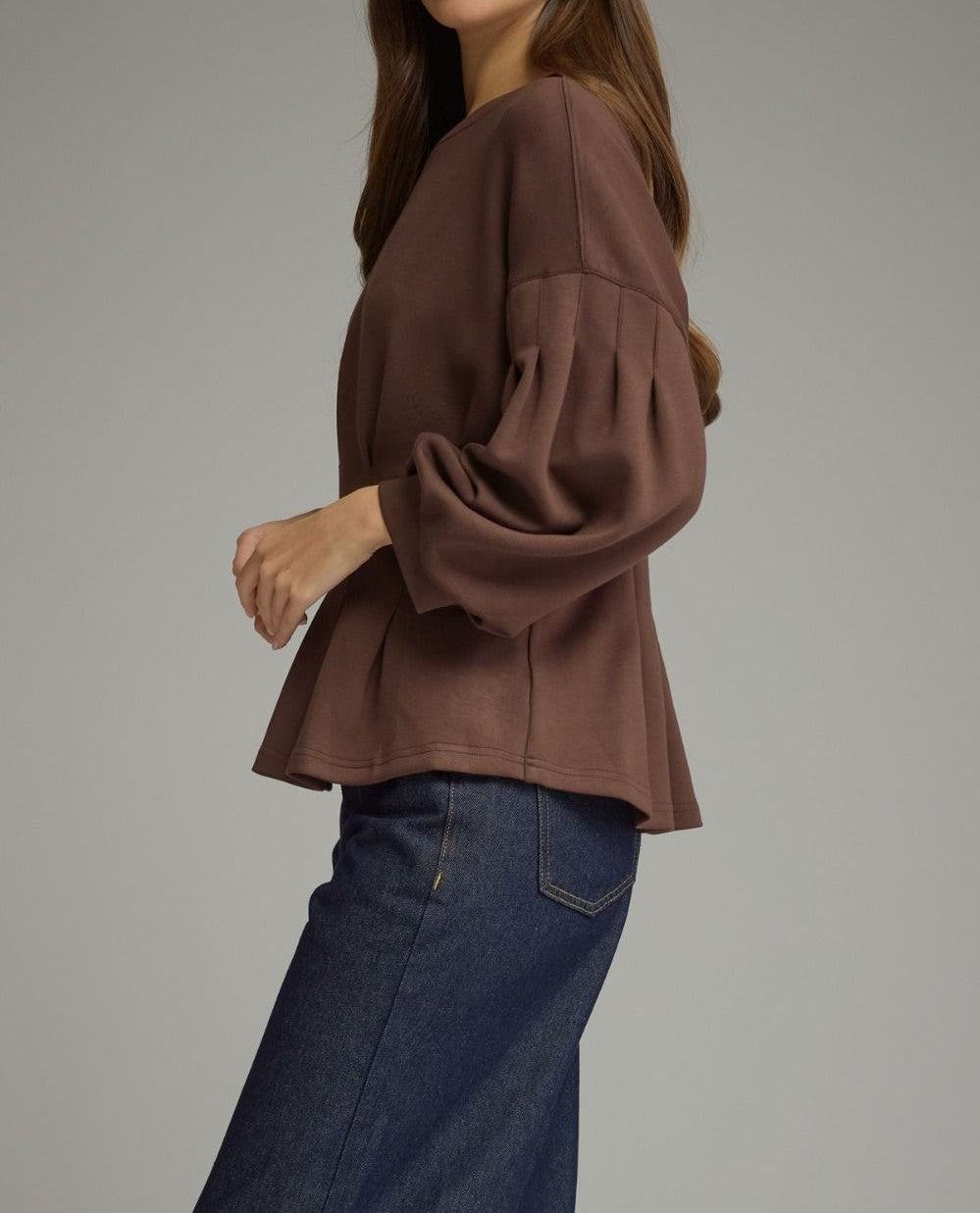 BROWN PLEATED WAIST DETAIL LONG BALLOON SLEEVE TOP