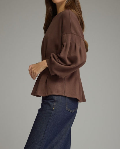 BROWN PLEATED WAIST DETAIL LONG BALLOON SLEEVE TOP
