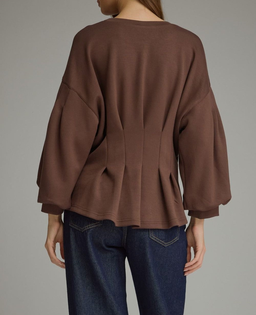 BROWN PLEATED WAIST DETAIL LONG BALLOON SLEEVE TOP