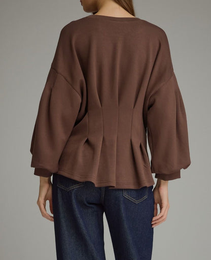 BROWN PLEATED WAIST DETAIL LONG BALLOON SLEEVE TOP
