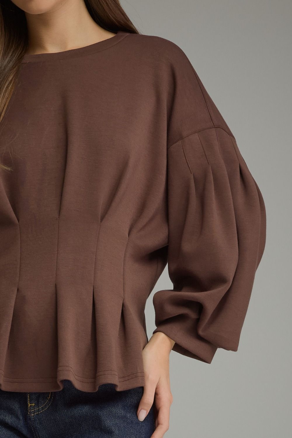 BROWN PLEATED WAIST DETAIL LONG BALLOON SLEEVE TOP