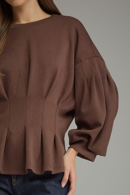 BROWN PLEATED WAIST DETAIL LONG BALLOON SLEEVE TOP