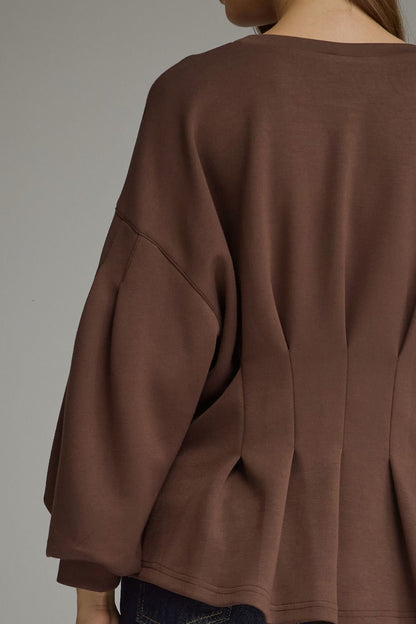 BROWN PLEATED WAIST DETAIL LONG BALLOON SLEEVE TOP