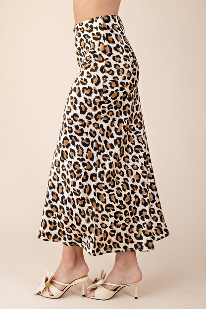 CREAM CHEETAH PRINT SATIN HIGH WAISTED MIDI SKIRT