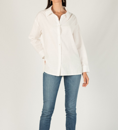 OFF WHITE LONG SLEEVE BUTTON UP SHIRT W/ PLEATED BACK DETAIL