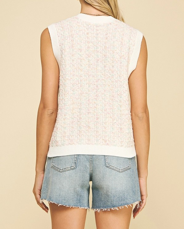 WHITE MUTLI COLOR KNIT SLEEVELESS VNECK SWEATER TOP