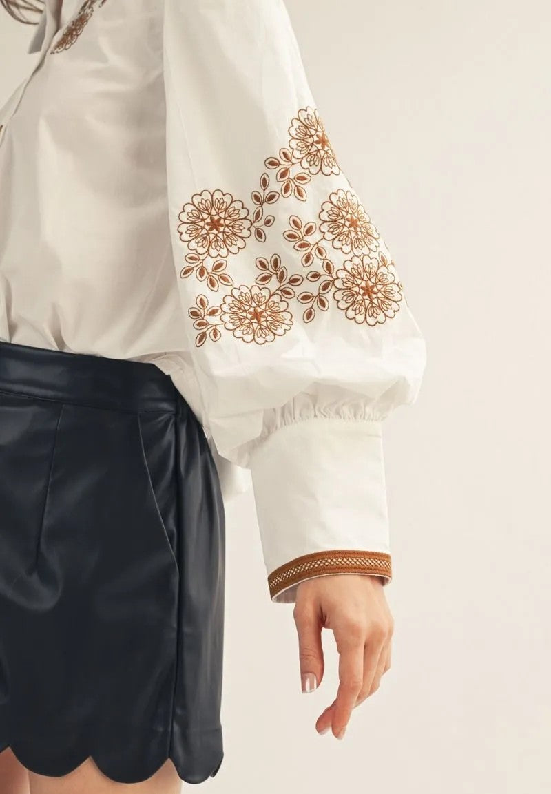 WHITE &amp; BROWN FLORAL EMBROIDERY LONG PUFF SLEEVE BUTTON UP TOP