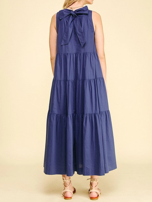 NAVY POPLIN TIERED A-LINE SLEEVELESS MAXI DRESS