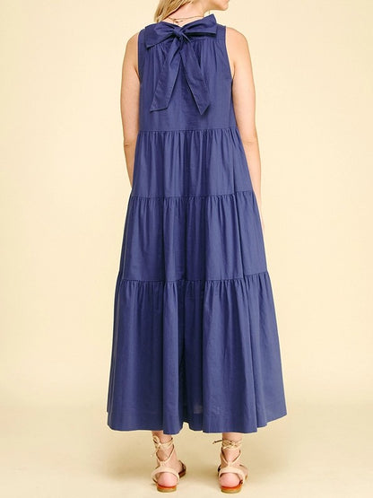 NAVY POPLIN TIERED A-LINE SLEEVELESS MAXI DRESS
