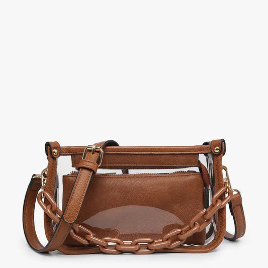 DARK BROWN JESSICA CLEAR CROSSBODY PURSE WITH STRAP & CHAIN