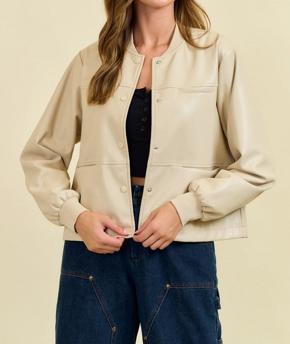 CREAM FAUX LEATHER FRONT SNAP BUTTON LONG SLEEVE OVERSIZED JACKET
