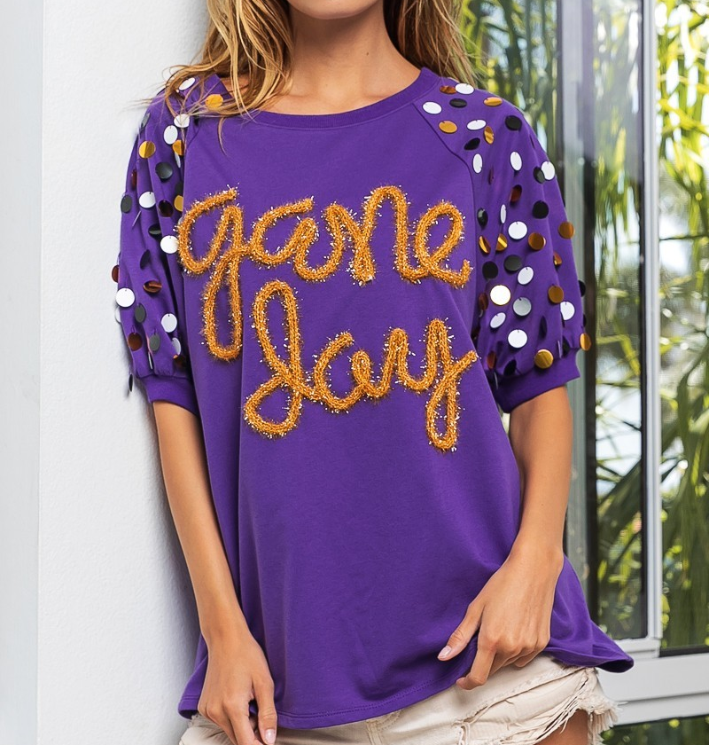 PURPLE METALLIC LETTER GAME DAY RAGLAN PUFF SLEEVE TOP