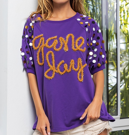 PURPLE METALLIC LETTER GAME DAY RAGLAN PUFF SLEEVE TOP