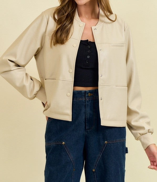 CREAM FAUX LEATHER FRONT SNAP BUTTON LONG SLEEVE OVERSIZED JACKET