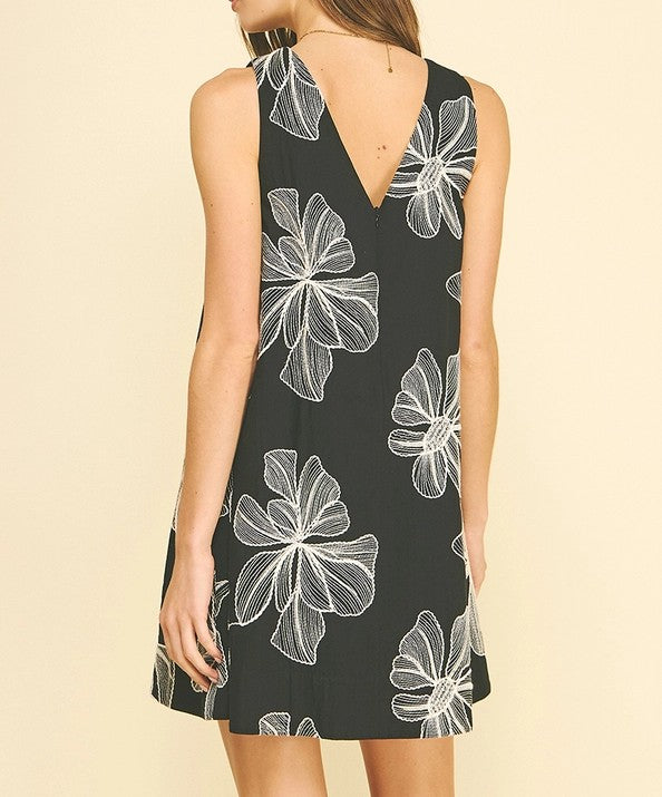 BLACK FLORAL EMBROIDERED A-LINE SLEEVELESS MINI DRESS
