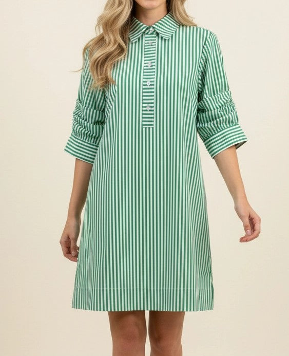 GREEN/WHITE STRIPE COLLARED BUTTON UP GATHERED SLEEVE MINI DRESS