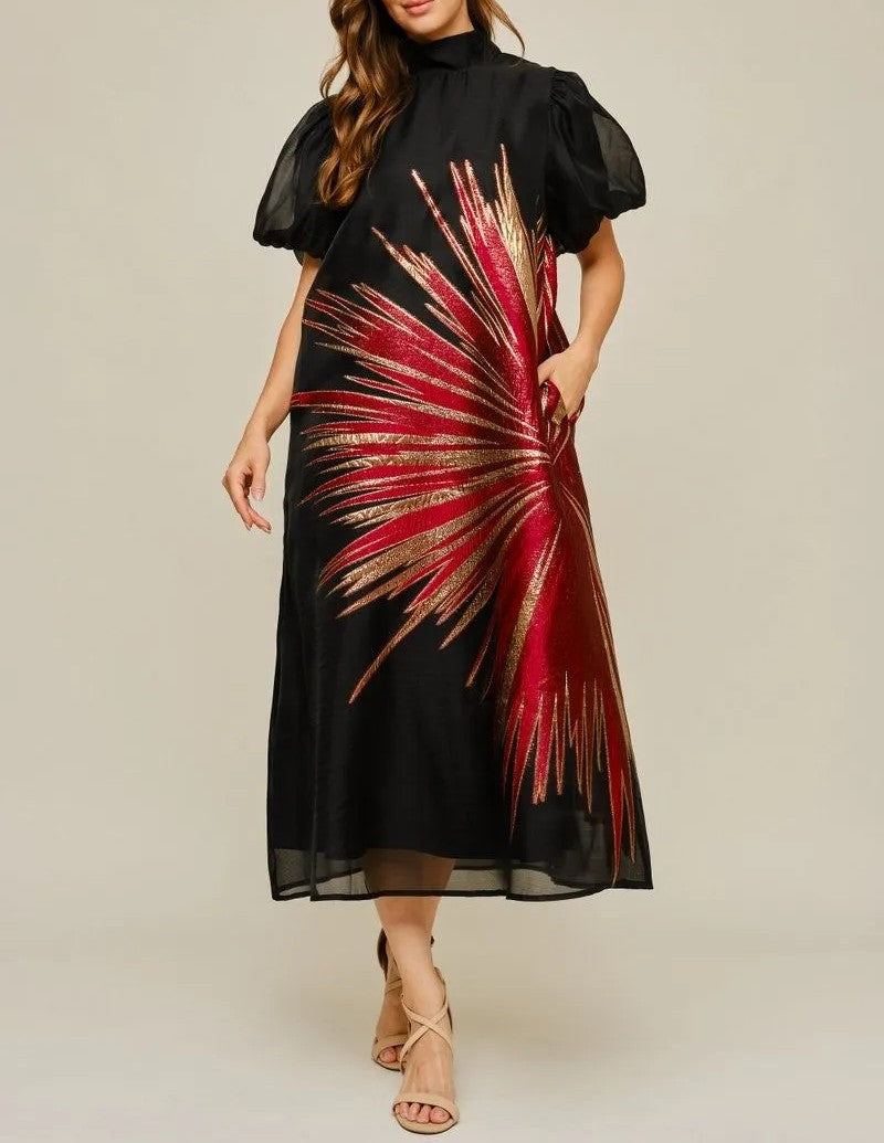 BLACK/RED &amp; GOLD METALLIC SUNBURST ORGANZA HIGH NECK SHORT PUFF SLEEVE MIDI DRESS