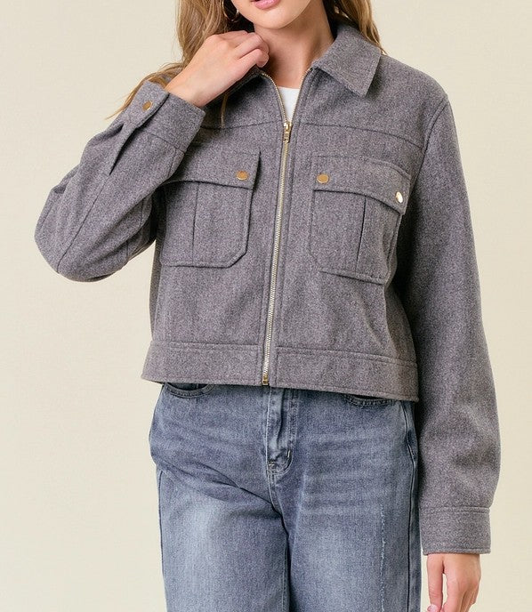 CHARCOAL GREY COLLLARED NECK LONG SLEEVE ZIP UP JACKET