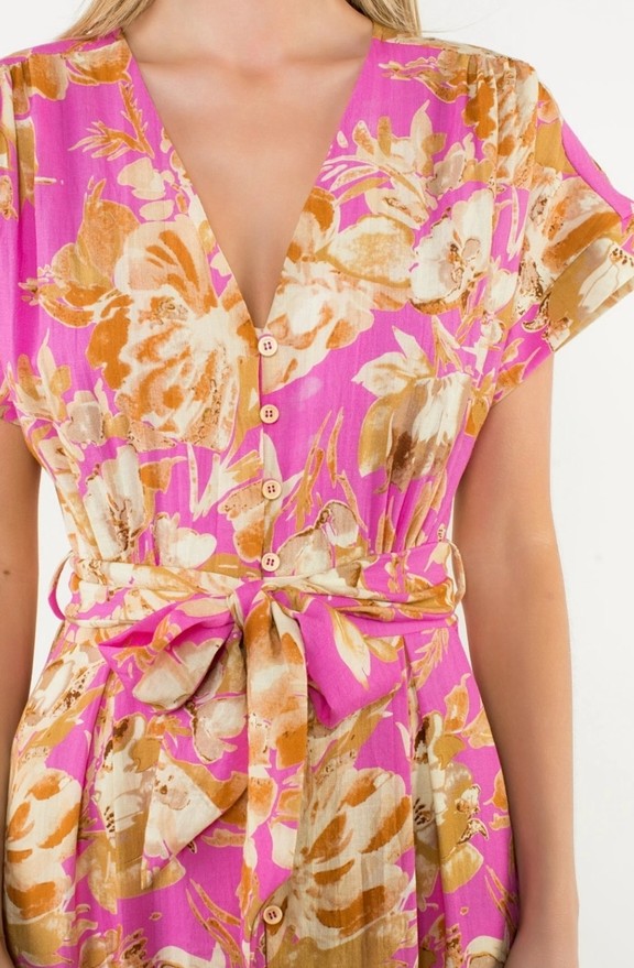 PINK FLORAL PRINT BUTTON UP SHORT SLEEVE MAXI DRESS