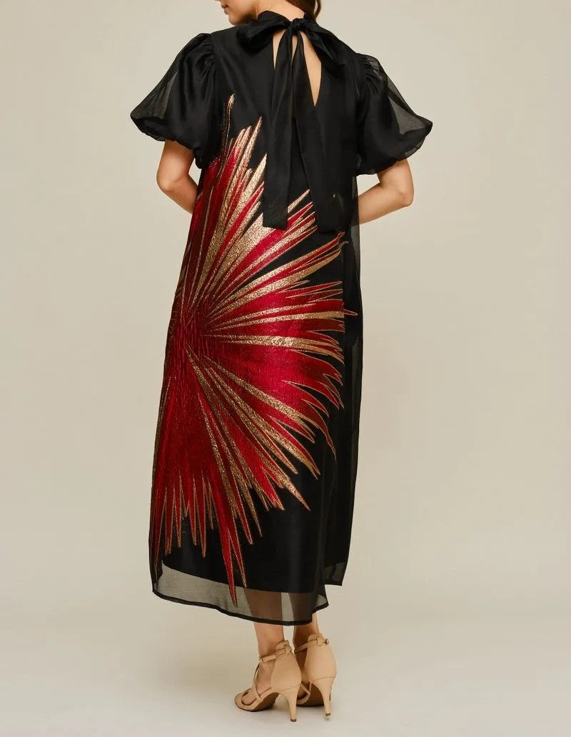 BLACK/RED &amp; GOLD METALLIC SUNBURST ORGANZA HIGH NECK SHORT PUFF SLEEVE MIDI DRESS