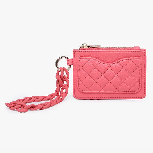 CORAL PINK RHODES QUILTED WRISTLET WALLET WITH CHAIN BANGLE