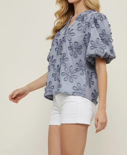 BLUE STRIPE FLORAL EMBROIDERY BALLOON SLEEVE TOP
