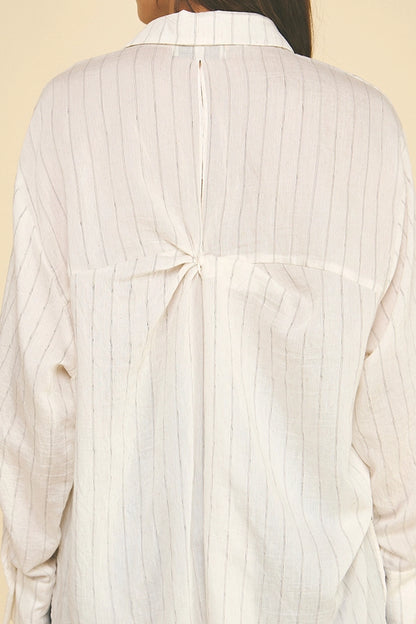 IVORY STRIPED HIGH-LOW BUTTON UP LONG SLEEVE TOP