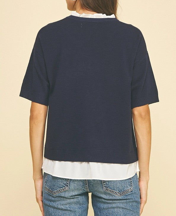 NAVY MIXED MEDIA LAYERED KNIT TOP