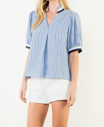 BLUE CONTRAST BANDING STRIPED VNECK SHORT SLEEVE TOP