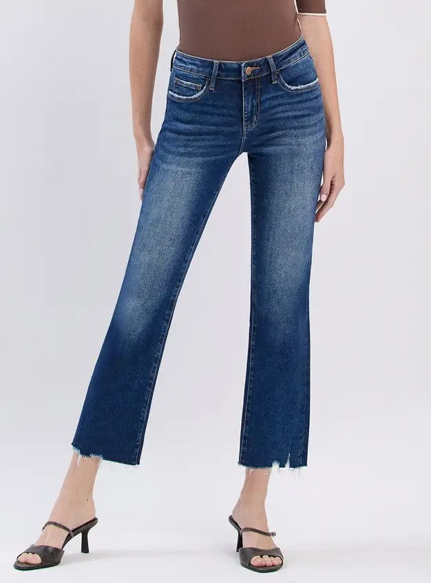 PORTABLE MEDIUM DARK WASH MID RISE CROP MINI BOOTCUT JEANS