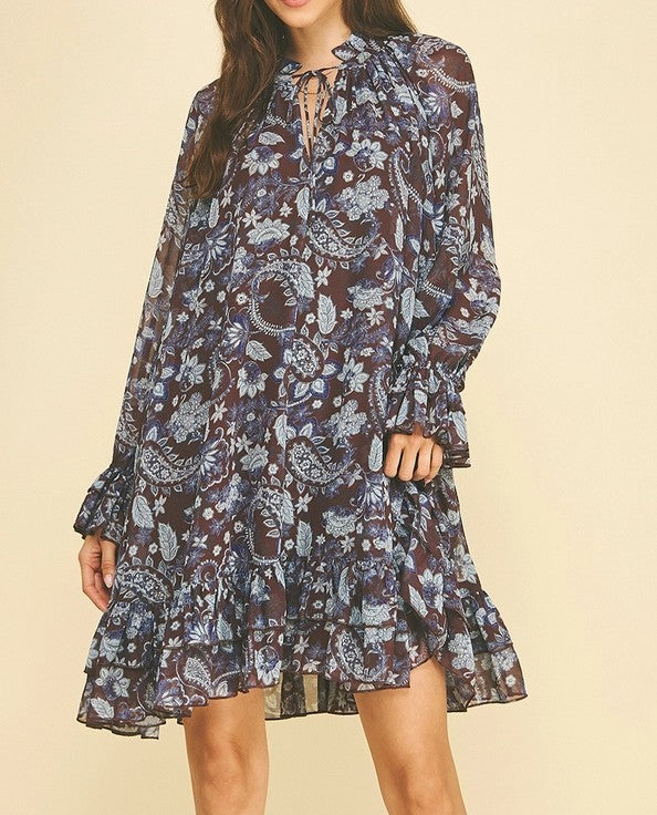 WINE/BROWN FLORAL PRINT LONG SLEEVE RUFFLE TIERED MINI DRESS