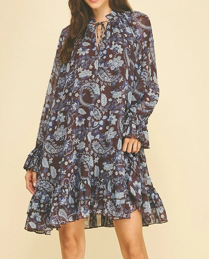 WINE/BROWN FLORAL PRINT LONG SLEEVE RUFFLE TIERED MINI DRESS