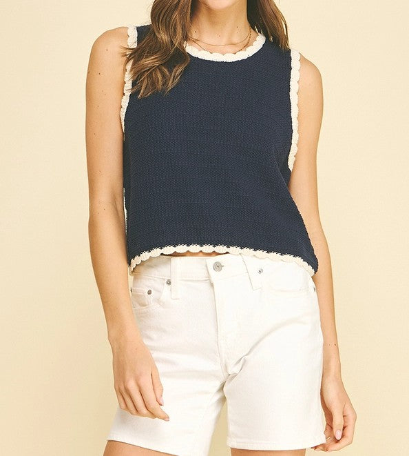 NAVY CONTRAST CROCHET TRIM SLEEVELESS KNIT TANK TOP