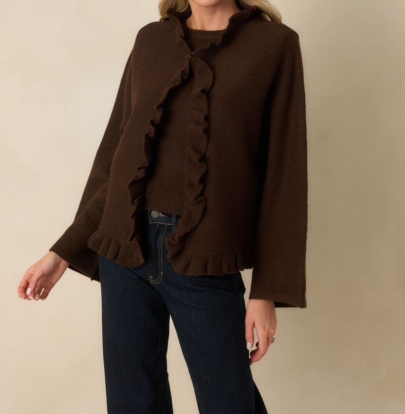 DARK CHOCOLATE BROWN RUFFLE TRIM LONG SLEEVE SABRINA CARDIGAN
