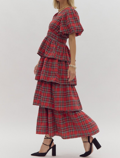 RED PLAID PRINTED BUBBLE SLEEVE TIERED MIDI DRESS