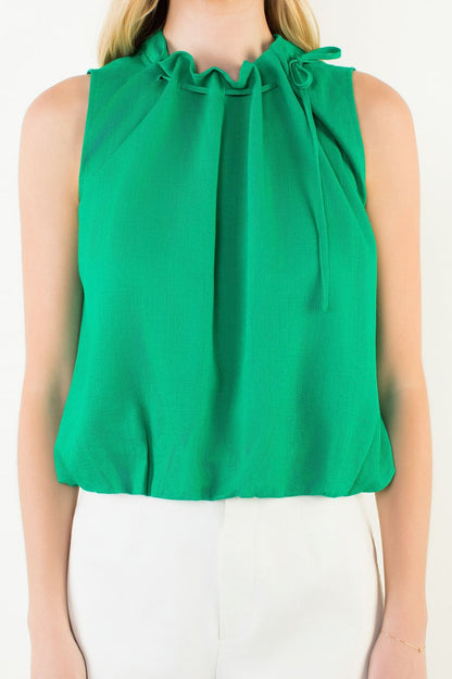 GREEN NECK LOOP DETAIL SLEEVELESS BUBBLE HEM TOP