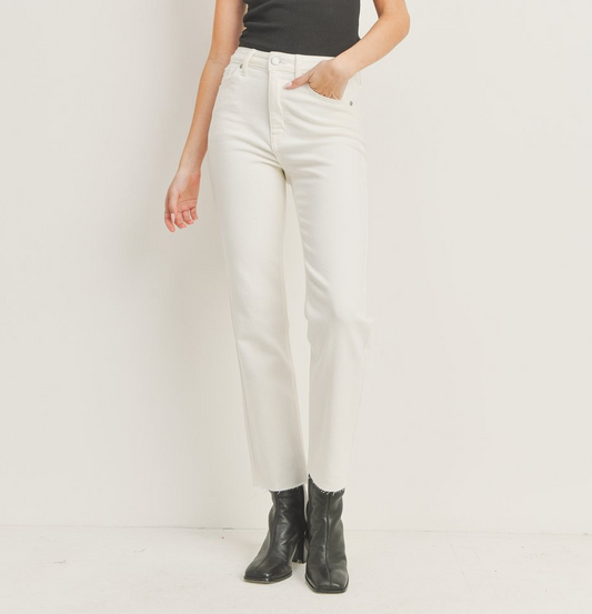 CREAM CUT OFF CROPPED STRAIGHT LEG JEAN