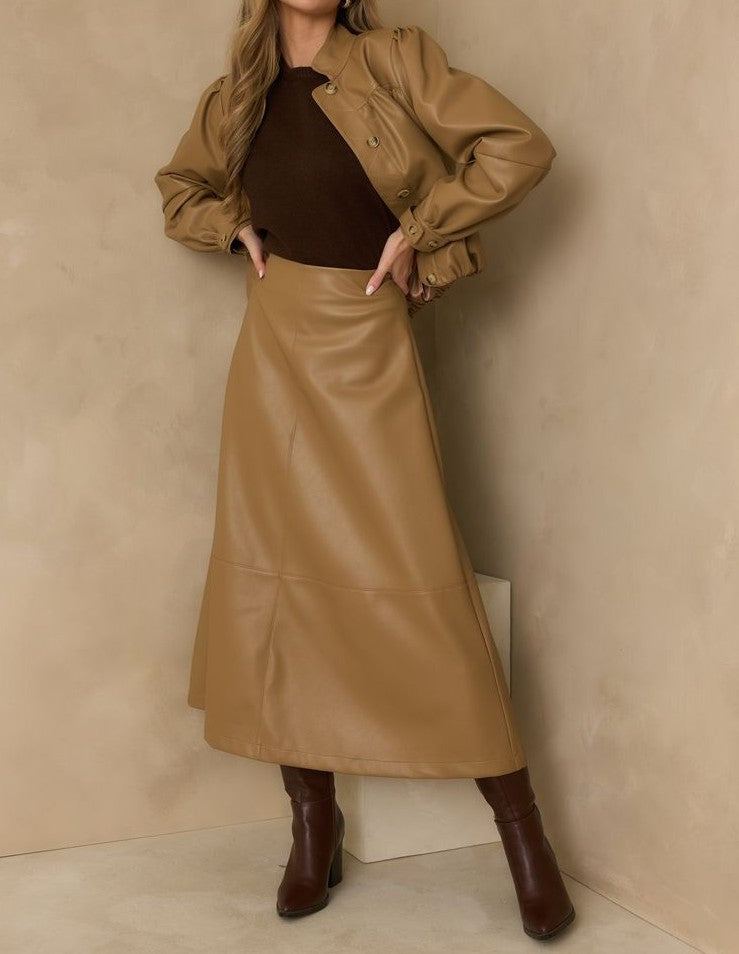 CARAMEL VEGAN LEATHER LONG SLEEVE BUTTON UP ASHLAND JACKET