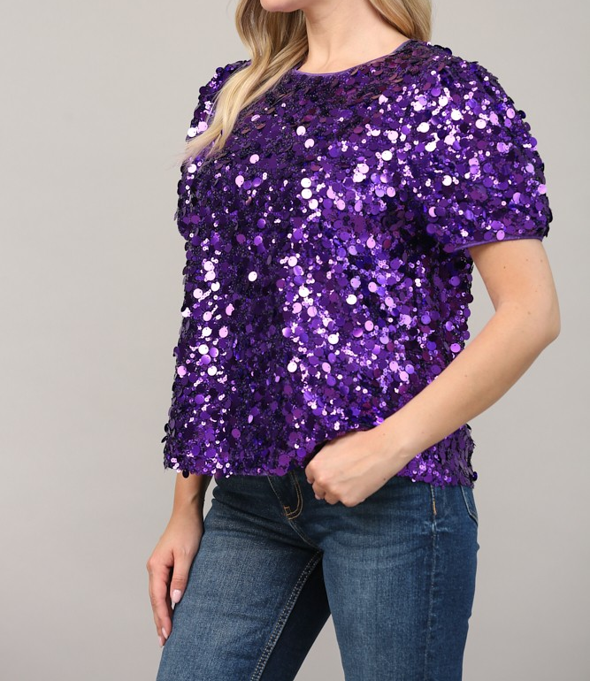 PURPLE SEQUIN EMBELLISHED SHORT PUFF SLEEVE TOP