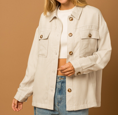 WHITE/TAUPE GINGHAM POCKET DETAIL OVERSIZED JACKET