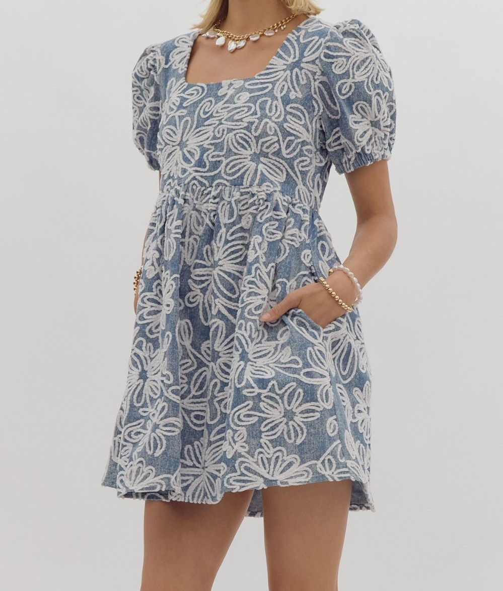 DENIM FLORAL EMBROIDERED SQUARE NECK MINI DRESS